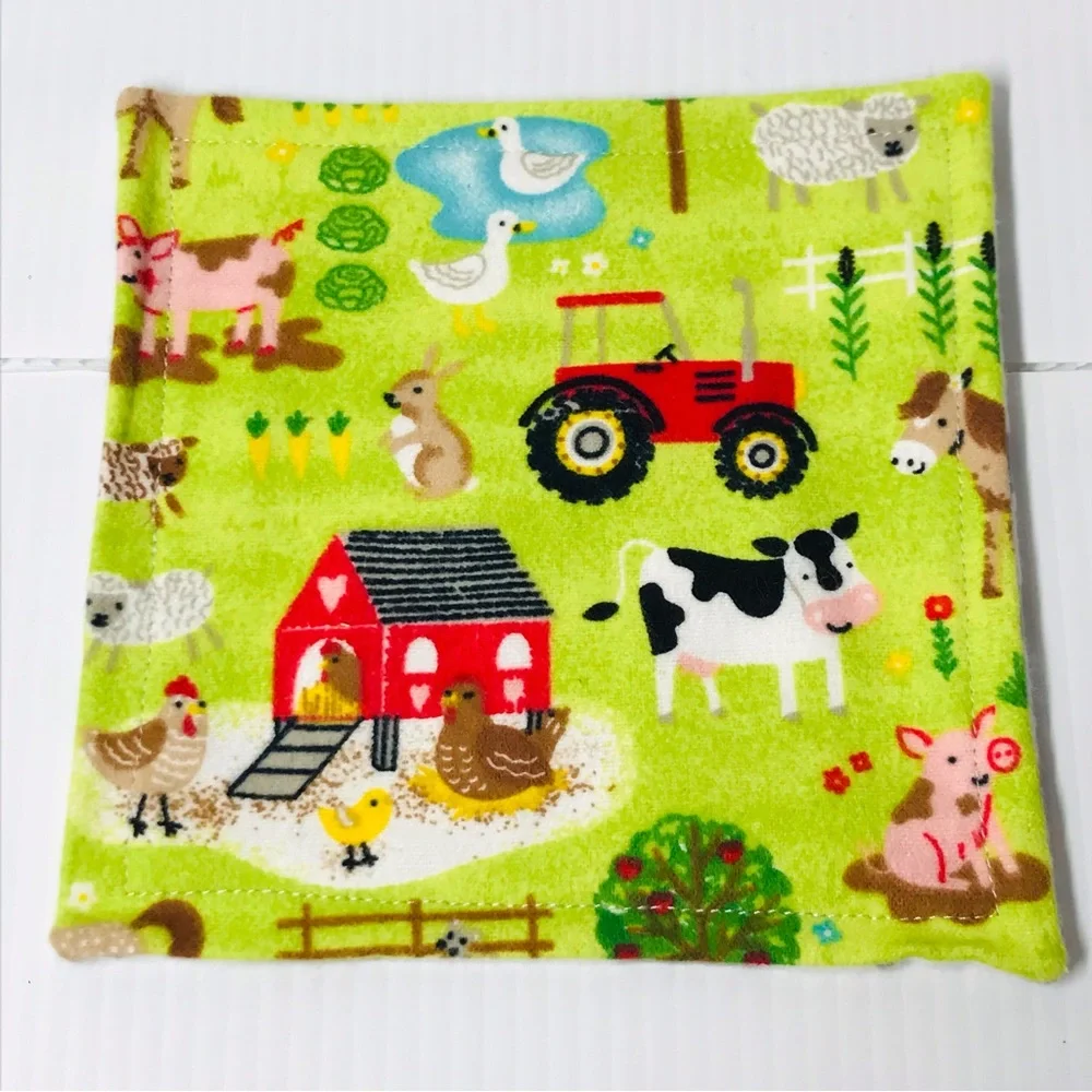 Reusable Set of Four 6” Farm Animals Tractors Kids Flannel Wash Cloths / Wipes